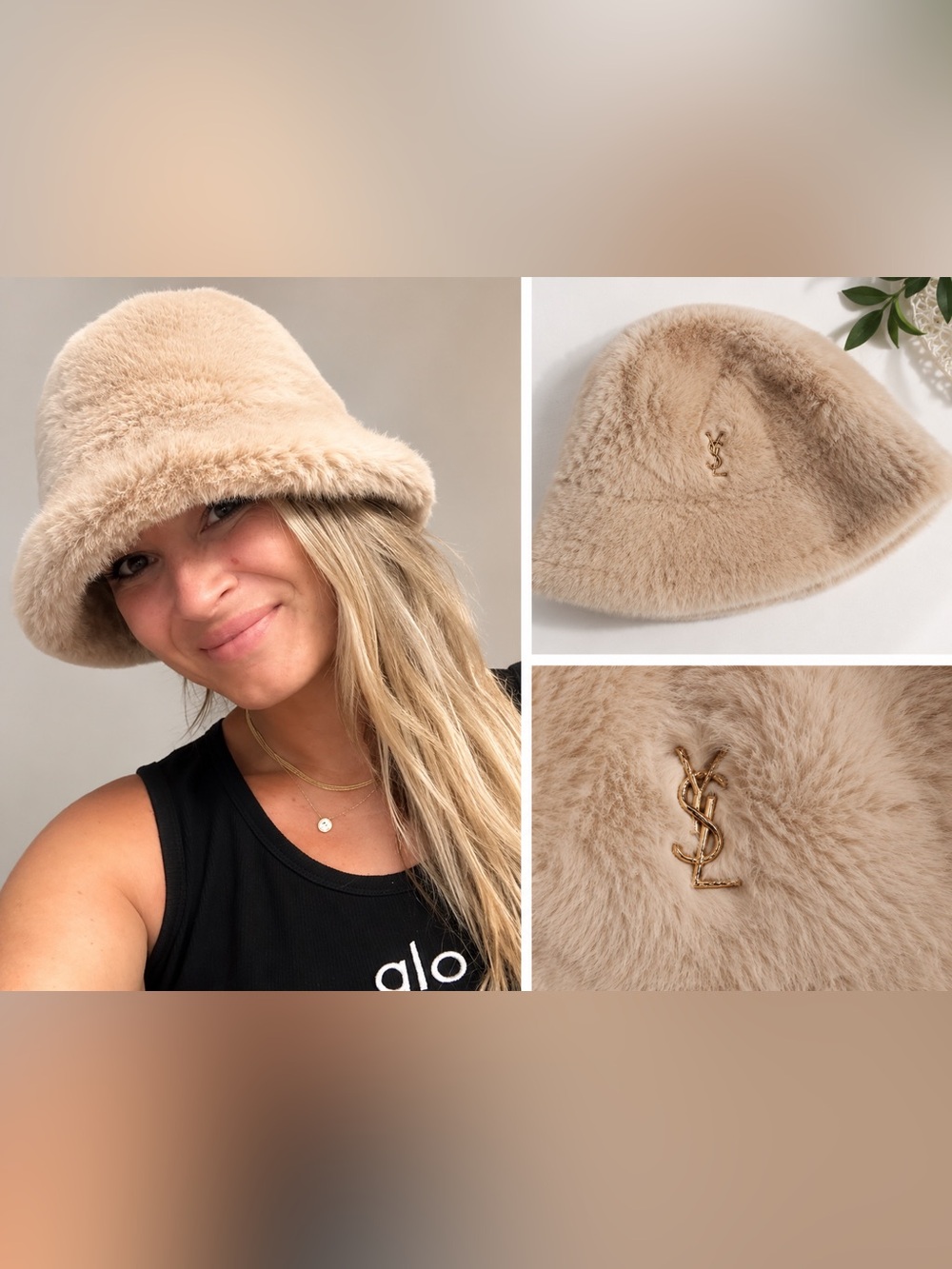 Source Unknown Beige Faux Fur Bucket Hat with Gold Logo Pin